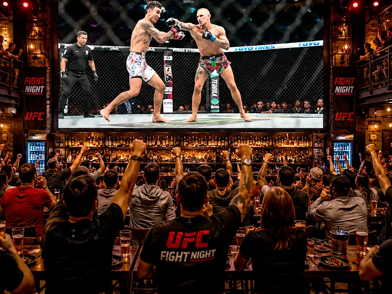 Ambiente de fight night de UFC en el sports bar de Lambaré